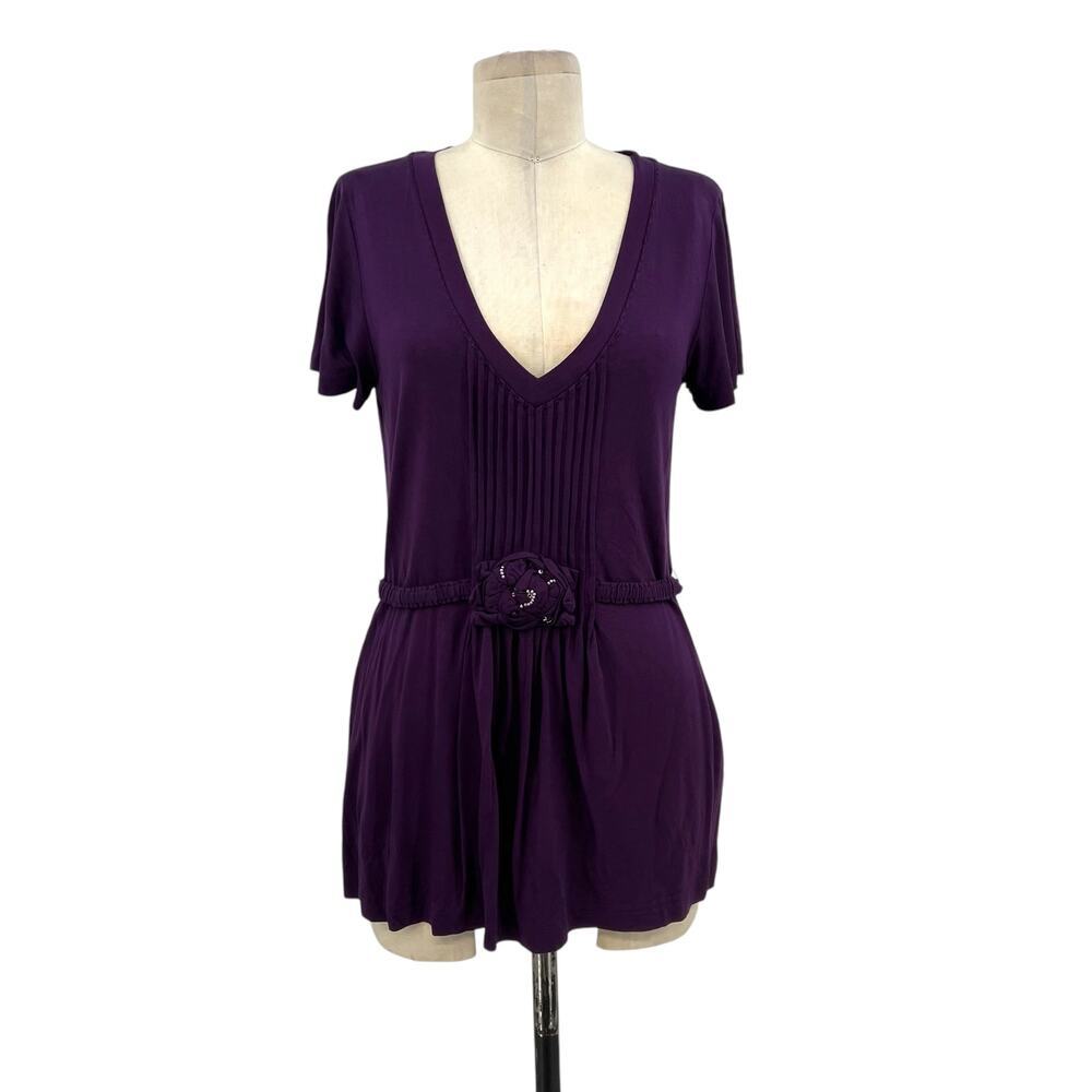 Escada Sport Purple Jersey Pintuck Short Sleeve Tee Rosette Belted Size Medium